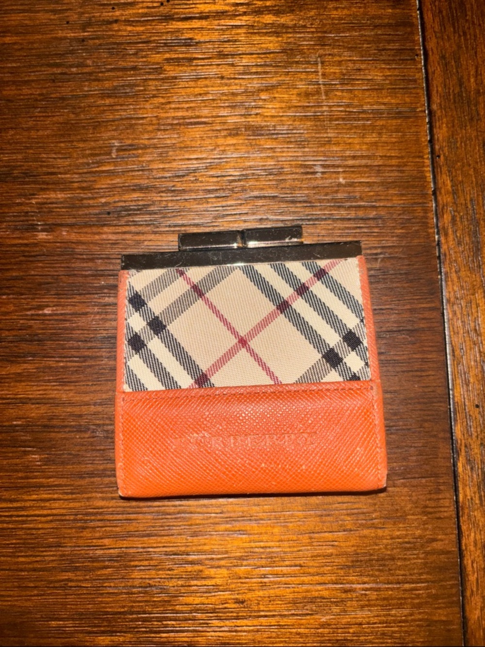 Burberry Orange and Beige Check Leather kiss lock Wallet